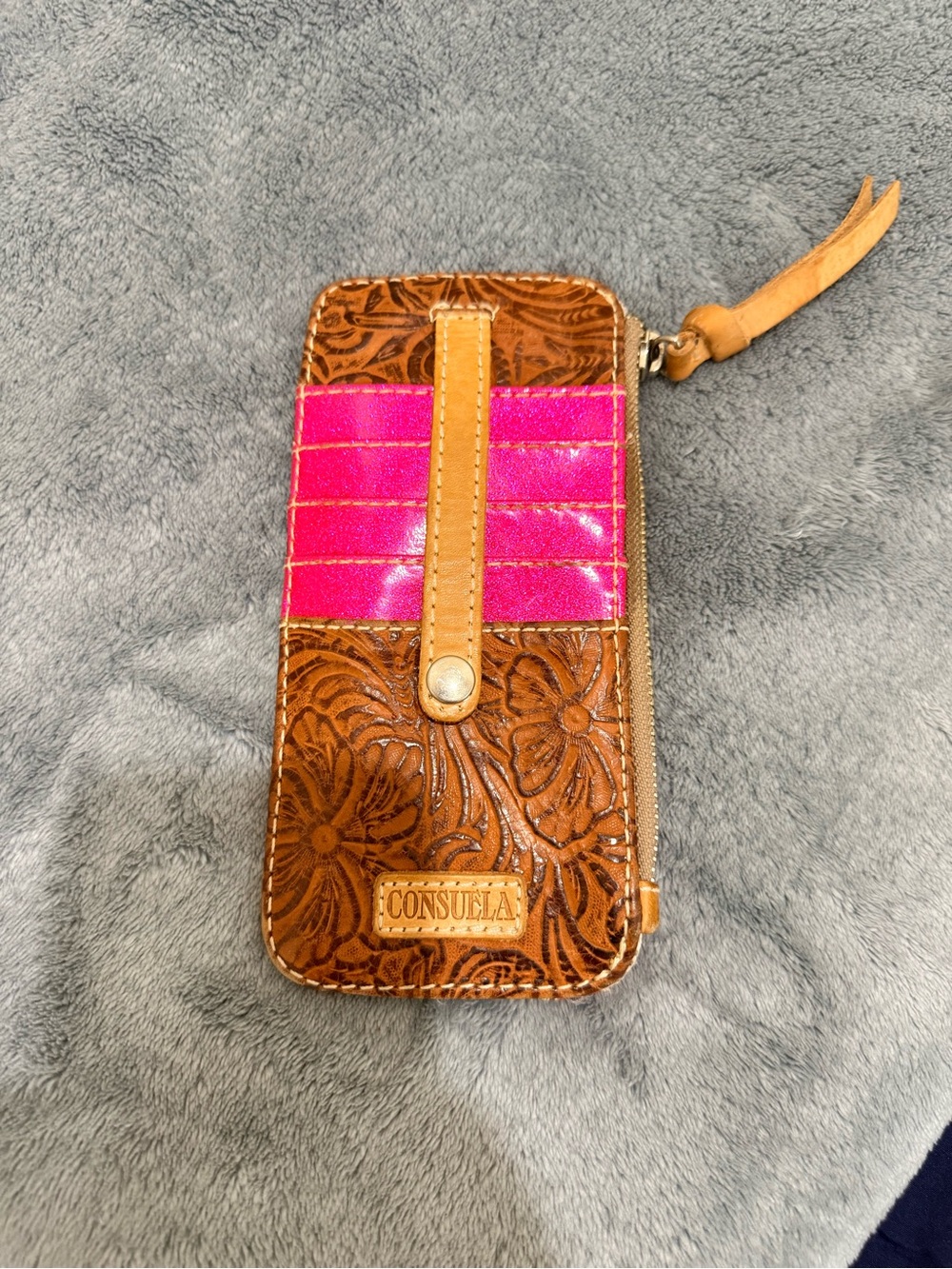Consuela Hot Pink & Brown Tooled Leather Zip Phone Case